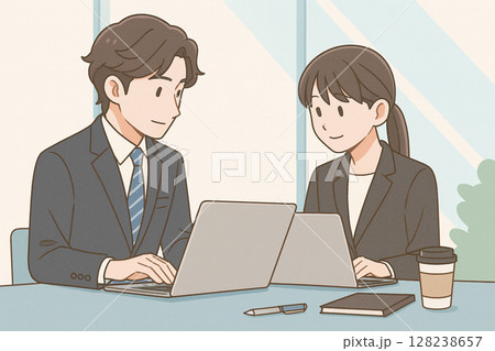職場でパソコンを使って仕事をする男性と女性 128238657