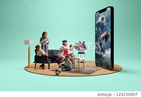 Family engaged in watching female soccer game on big modern smartphone screen. 3D island composition Family engaged in watching female soccer game on big modern smartphone screen. 3D island composition 128238807