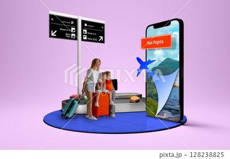 Mother with children using mobile app for fast flight booking at baggage claim. 3D island composition Mother with children using mobile app for fast flight booking at baggage claim. 3D island composition 128238825