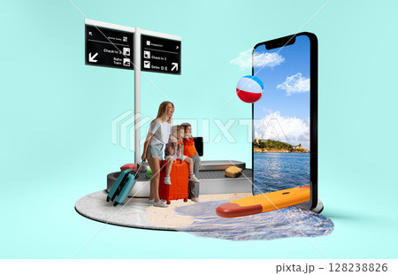 Family ready for beach adventure via digital vacation portal. 3D island composition Family ready for beach adventure via digital vacation portal. 3D island composition 128238826