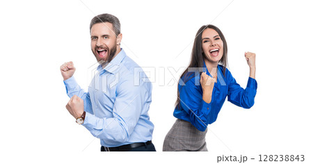 Businesspeople having fun. Business success celebration and fun. Business corporate party after successful deal. Successful businesspeople celebrate deal isolated on white. CEO and boss Businesspeople having fun. Business success celebration and fun. Business corporate party after successful deal. Successful businesspeople celebrate deal isolated on white. CEO and boss 128238843