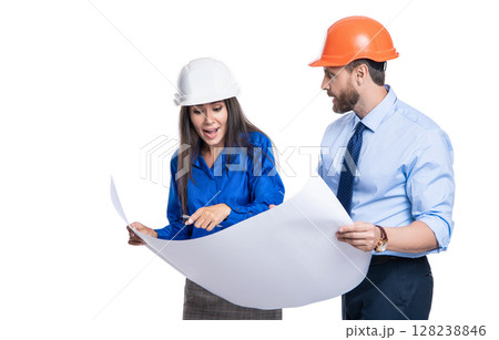 Safety business. Data protection. Supervisor engineer with blueprint. Plan construction project. Architect planning work. Chief engineer and architect in hardhat isolated on white. Skills to work 128238846