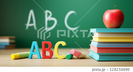 Red apple, books and letter A, B, C on a  background of a school board. The concept of primary education.  128238890