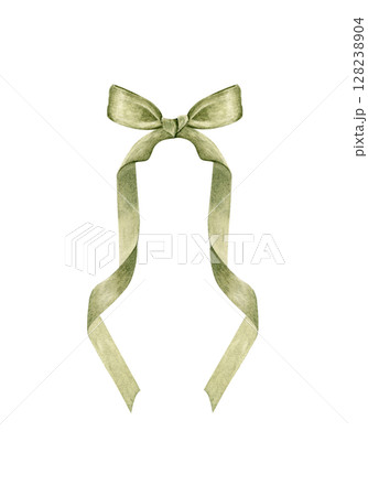 Elegant green bow ribbon with flowing tails watercolor isolated on white. Hand-painted ideal for gift shop branding, wedding stationery, fashion tags, charity packaging, romantic graphic design 128238904