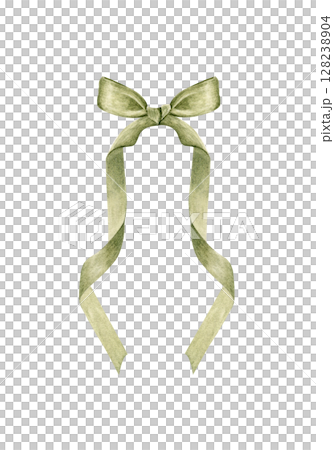 Elegant green bow ribbon with flowing tails watercolor isolated on white. Hand-painted ideal for gift shop branding, wedding stationery, fashion tags, charity packaging, romantic graphic design 128238904