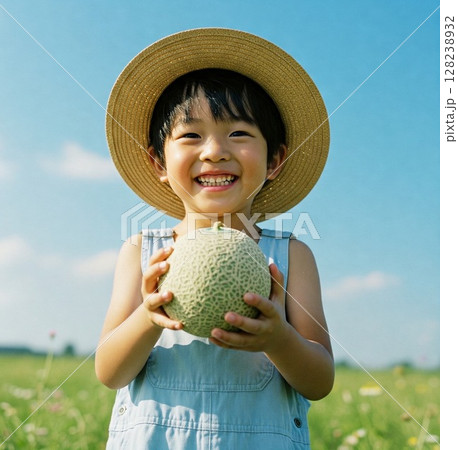 青空の下、満面の笑顔でメロンを抱える男の子|夏、旬の果物、子供、収穫体験、農業 青空の下、満面の笑顔でメロンを抱える男の子|夏、旬の果物、子供、収穫体験、農業 128238932