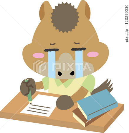 涙をこらえながら勉強・作文・仕事に取り組む馬のキャラクターイラスト 涙をこらえながら勉強・作文・仕事に取り組む馬のキャラクターイラスト 128239036