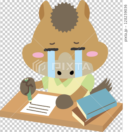涙をこらえながら勉強・作文・仕事に取り組む馬のキャラクターイラスト 涙をこらえながら勉強・作文・仕事に取り組む馬のキャラクターイラスト 128239036