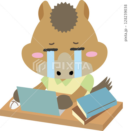 涙を流しながら勉強・仕事を頑張る馬のキャラクターイラスト 128239038