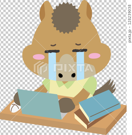 涙を流しながら勉強・仕事を頑張る馬のキャラクターイラスト 128239038