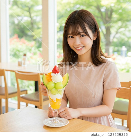 旬のフルーツパフェと笑顔の女性|イチゴ、カフェ、メロン、マンゴー、夏、贅沢、幸せなひととき 旬のフルーツパフェと笑顔の女性|イチゴ、カフェ、メロン、マンゴー、夏、贅沢、幸せなひととき 128239836