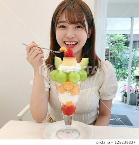 旬のフルーツパフェと笑顔の女性|イチゴ、カフェ、メロン、マンゴー、夏、贅沢、幸せなひととき 旬のフルーツパフェと笑顔の女性|イチゴ、カフェ、メロン、マンゴー、夏、贅沢、幸せなひととき 128239837