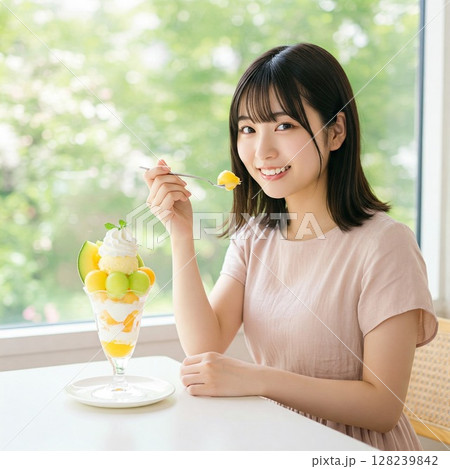 旬のフルーツパフェと笑顔の女性｜カフェ、メロン、マンゴー、夏、贅沢、幸せなひととき 128239842