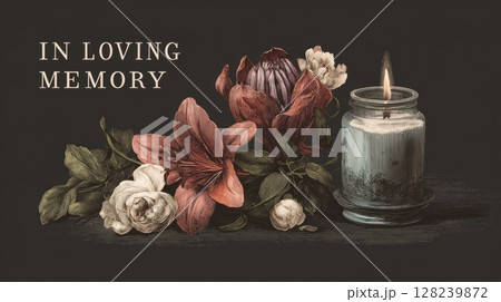 condolence card with flowers and candle in loving memory illustration 128239872