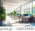 観葉植物のあるモダンで広々としたオフィス、無人のコワーキングスペースの背景 128239890