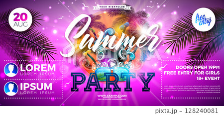 Summer Party Banner Design Template with Flower, Speakers and Beach Holiday Elements on Pink Background. Vector Summer Music Celebration Illustration with Palm Leaves for Festival Flyer, Invitation or 128240081