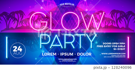 Summer Glow Party Banner Illustration Template with Glowing Neon Light Typography and Abstract Design Elements on Fluorescent Tropical Background. Vector Summer Celebration Holiday Illustration for Summer Glow Party Banner Illustration Template with Glowing Neon Light Typography and Abstract Design Elements on Fluorescent Tropical Background. Vector Summer Celebration Holiday Illustration for 128240096