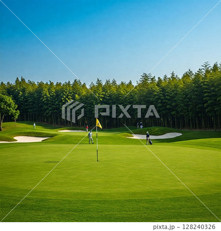 夕日に輝くゴルフコースの絶景|広大なフェアウェイ、バンカー、ゴルフ、スポーツ、自然、リゾート 夕日に輝くゴルフコースの絶景|広大なフェアウェイ、バンカー、ゴルフ、スポーツ、自然、リゾート 128240326