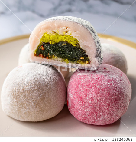 Colorful Mochi Tower with Sweet Filling 128240362