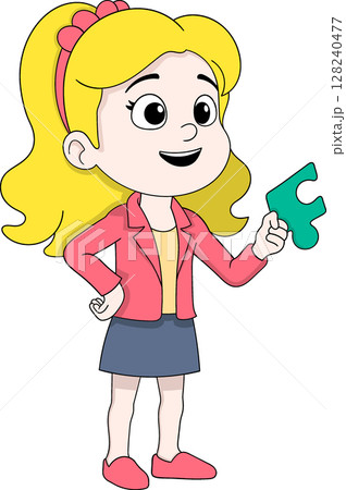 Cartoon Girl Holding Puzzle Piece Vector Illustration 128240477