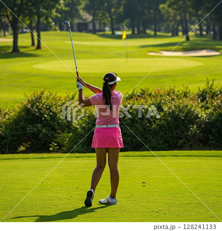 ゴルフ場でスイングする女性ゴルファーの後ろ姿｜爽やかなゴルフ、スポーツ、健康、アクティブライフ 128241133