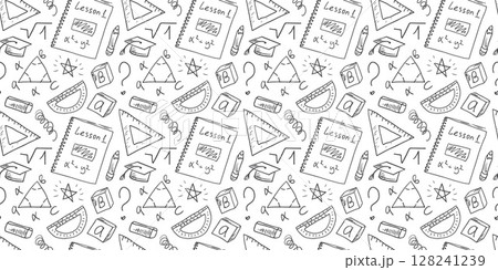 Seamless pattern with school supplies, mathematical formulas, geometry problems, ruler, pencil, and eraser drawn by hand in doodle style. Education concept, Back to school. 128241239