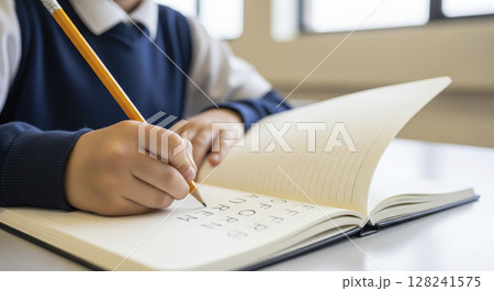 Child's hand in school uniform writing first letters in a new notebook in class. 128241575