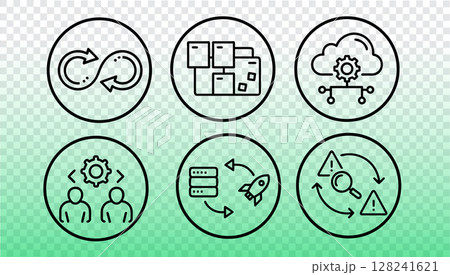 DevOps process automation icons set. Software development continuous delivery pipeline. IT infrastructure deployment monitoring security. Line style green background vector DevOps process automation icons set. Software development continuous delivery pipeline. IT infrastructure deployment monitoring security. Line style green background vector 128241621