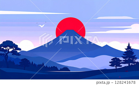 赤い夕日と富士山が描かれた和風風景イラスト 128241678