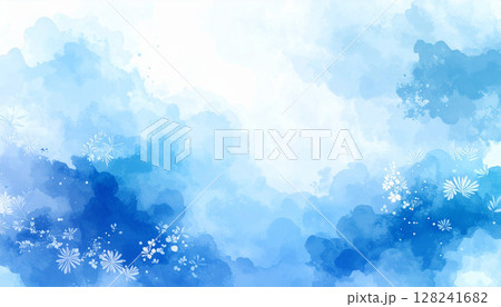淡い青の水彩風背景に咲く可憐な白い花模様 淡い青の水彩風背景に咲く可憐な白い花模様 128241682
