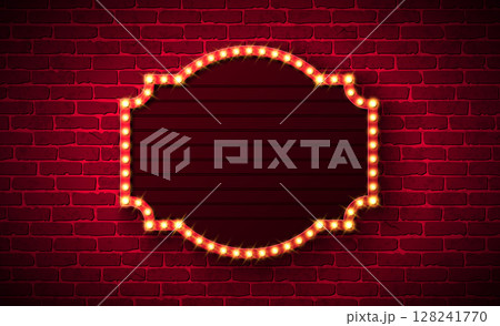 Retro Signboard Lightbox Banner Design with Glowing Light Bulb Frame Billboard on Vintage Brick Wall Background. Vector Customizable Marquee Sign Illustration for Casino Advertising, Theater Show Retro Signboard Lightbox Banner Design with Glowing Light Bulb Frame Billboard on Vintage Brick Wall Background. Vector Customizable Marquee Sign Illustration for Casino Advertising, Theater Show 128241770