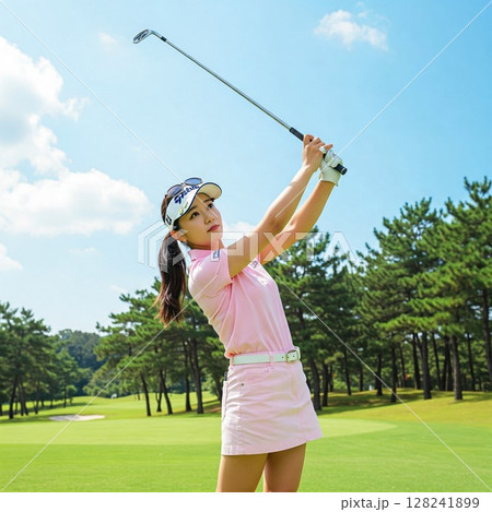 青空の下、ゴルフスイングを決める女性ゴルファー｜ピンクのウエアー スポーツ、夏、爽やか、ゴルフライフ 128241899