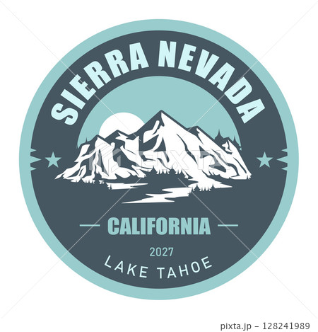 Sierra Nevada mountain range, California, USA, emblem with snow-covered mountains, vector 128241989