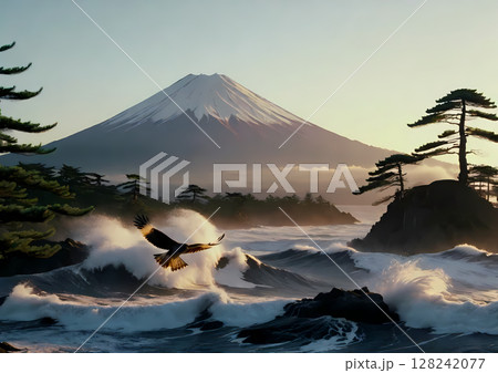 富士山を背景に波しぶきの上がる湖面すれすれに飛ぶ鷹 富士山を背景に波しぶきの上がる湖面すれすれに飛ぶ鷹 128242077