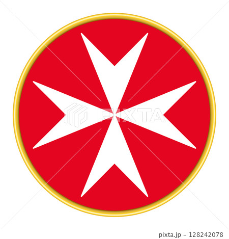 White Maltese cross on a red circular field with golden border. Eight-pointed heraldic cross symbol, used by the Knights Hospitaller, the Knights of Malta, and a wide array of other entities. Vector White Maltese cross on a red circular field with golden border. Eight-pointed heraldic cross symbol, used by the Knights Hospitaller, the Knights of Malta, and a wide array of other entities. Vector 128242078