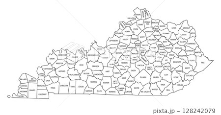 State of Kentucky, subdivided into 120 counties, outline map. State in the Southeastern Region of United States, nicknamed The Bluegrass State. Contour of the state, with county names and borders. 128242079