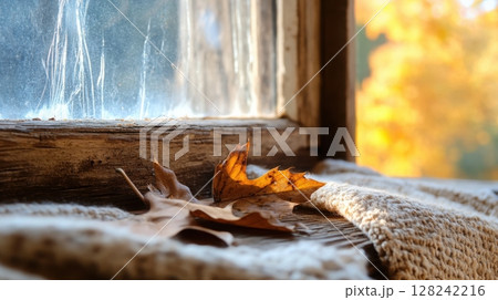 Close-up of a rustic window cracked open on a moody autumn afternoon with silver light slipping in past aged glass 128242216