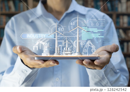 Smart Industry Concept for Digital Factory Manufacturing Technology that demonstrates the automated manufacturing process of Industry 5.0 or the 5th Industrial Revolution 128242542