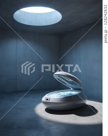 A sleek oval ice bath pod glows under a circular skylight in a minimalist blue room, blending cold therapy with luxury spa innovation and modern wellness design 128242632
