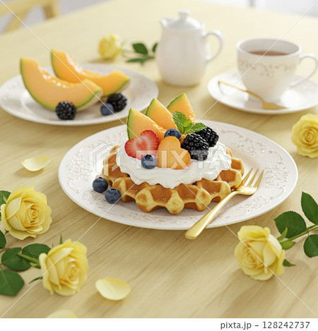 ティータイムを彩るベリーワッフル|スイーツ、デザート、カフェ、ブランチ、ローズ、優雅なひととき ティータイムを彩るベリーワッフル|スイーツ、デザート、カフェ、ブランチ、ローズ、優雅なひととき 128242737