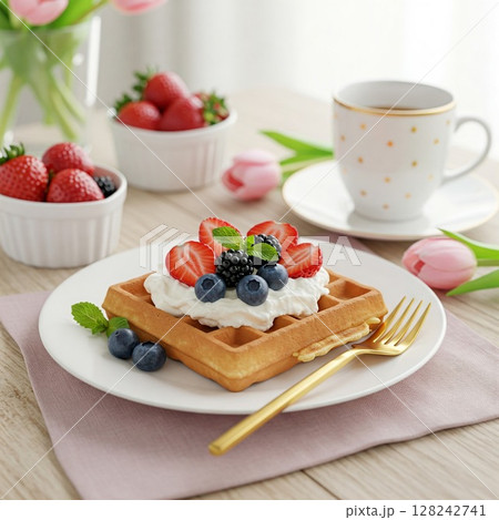 ティータイムを彩るベリーワッフル｜スイーツ、デザート、カフェ、ブランチ、ローズ、優雅なひととき 128242741