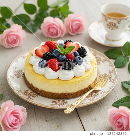 ベリーとホイップクリームのチーズケーキ｜ティータイム、スイーツ、デザート、カフェ、バラ、記念日 128242855