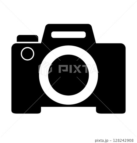 白黒のシンプルでフラットなカメラアイコン　白背景 128242908