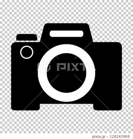 白黒のシンプルでフラットなカメラアイコン　白背景 128242908