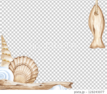 A square frame with hand-drawn elements. Driftwood, various seashells and a hanging stylized wooden fish figurine are isolated on a white background. A marine-themed template with an empty place to A square frame with hand-drawn elements. Driftwood, various seashells and a hanging stylized wooden fish figurine are isolated on a white background. A marine-themed template with an empty place to 128243077