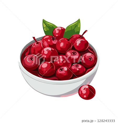 A bowl filled with ripe red cranberries and green leaves, illustrated in a clean and vibrant style on a white background 128243333