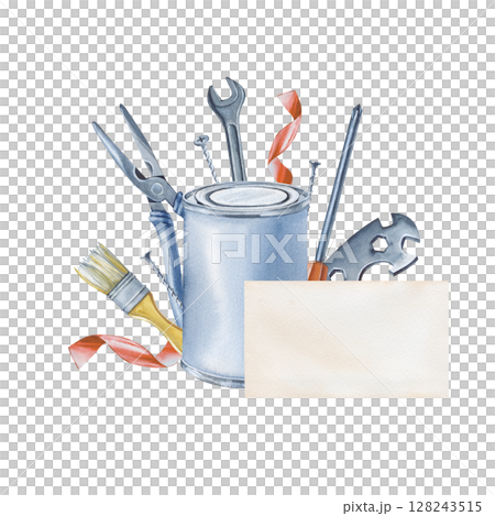 Watercolor composition with men's working tools and a sheet of paper for lettering. Pliers, a can of paint, a brush, a screwdriver, a wrench, electrical tape and screws. The elements are hand-drawn Watercolor composition with men's working tools and a sheet of paper for lettering. Pliers, a can of paint, a brush, a screwdriver, a wrench, electrical tape and screws. The elements are hand-drawn 128243515