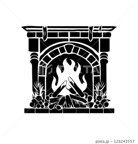 Christmas fireplace with a fire burning in it on a white background. Vector illustration 128243557