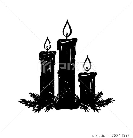 A silhouette of a Christmas three candles with spruce branches are lit and are on a table on a white background. Vector illustration 128243558