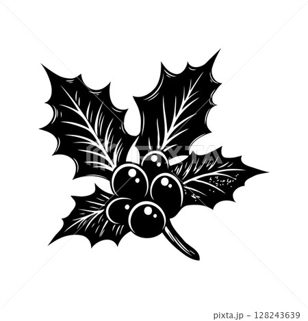 Stylized holly leaves and berries in black ink style, with detailed shading, on a clean white background. Concept of nature and holiday 128243639
